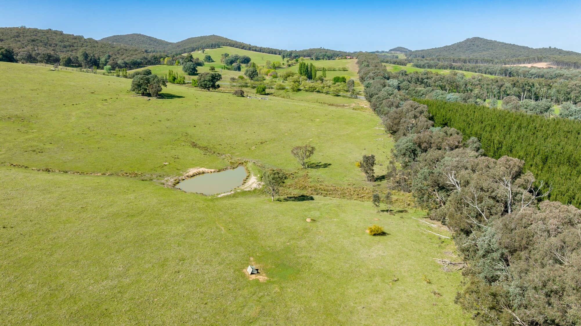 An aerial view of the open fields, forests and dam