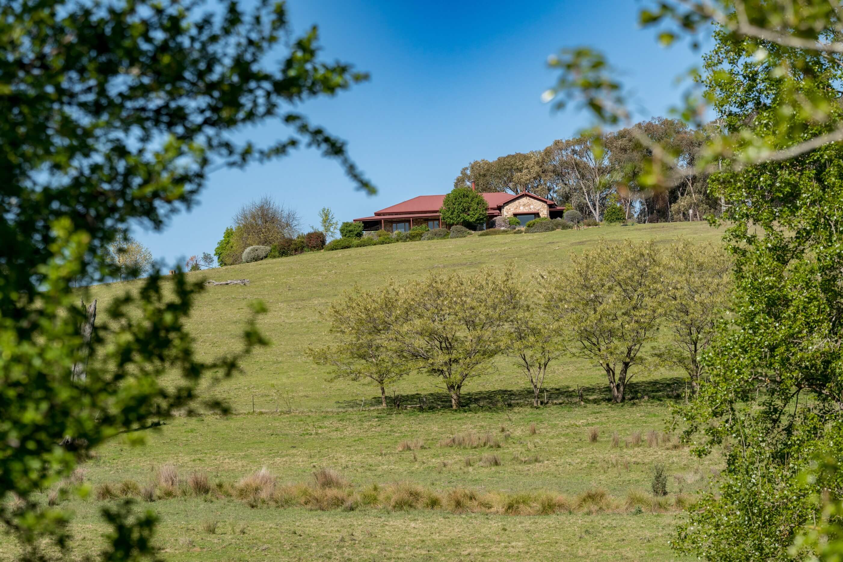 A photo of the property home and grassy hill from afar