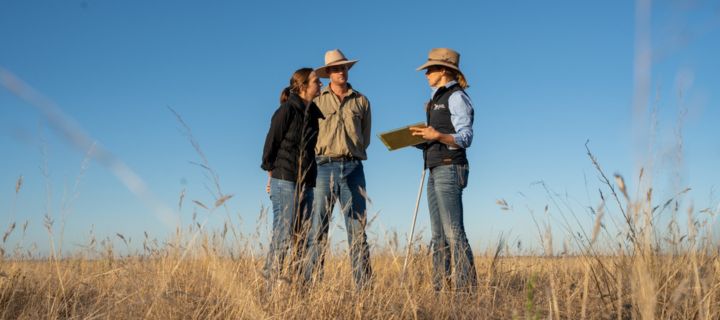 Two people talk with a conservation officer against a blue sky