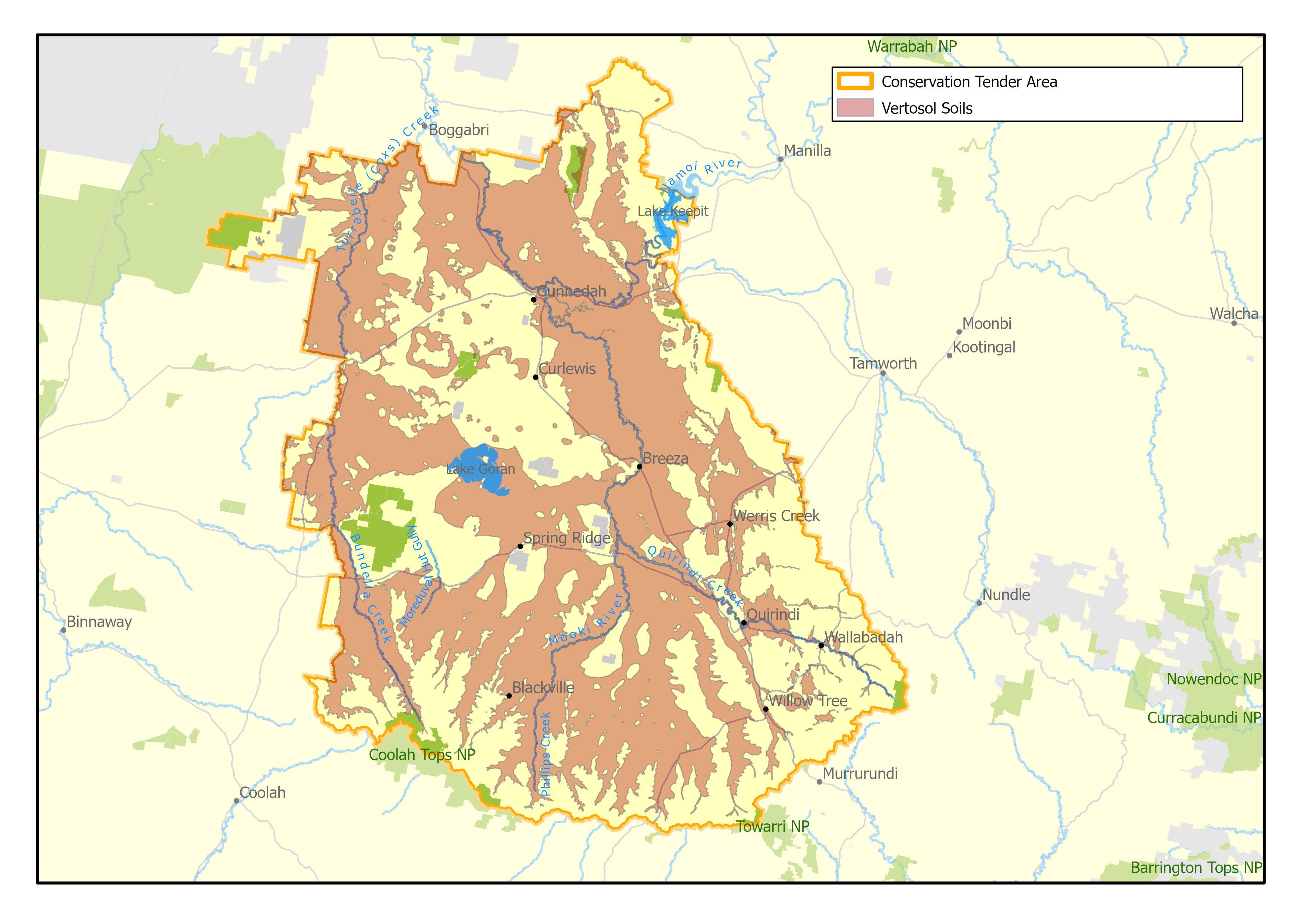 A representative map of the Liverpool Plains Cracking Clay conservation tender area